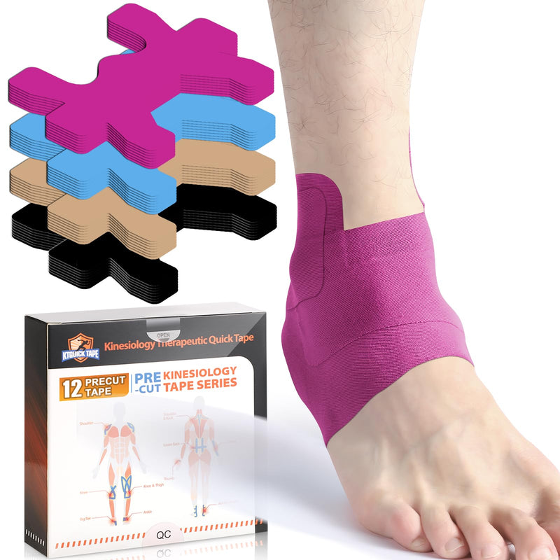 Kinesiology Tape for Ankle, KTQUICK 12 Count Ankle Tape Precut, Original Cotton Waterproof & Breathable, Enhance Elastic Kinesiology Athletic Tape for Ankle Support and Muscle to More Sports (Pink) Pink