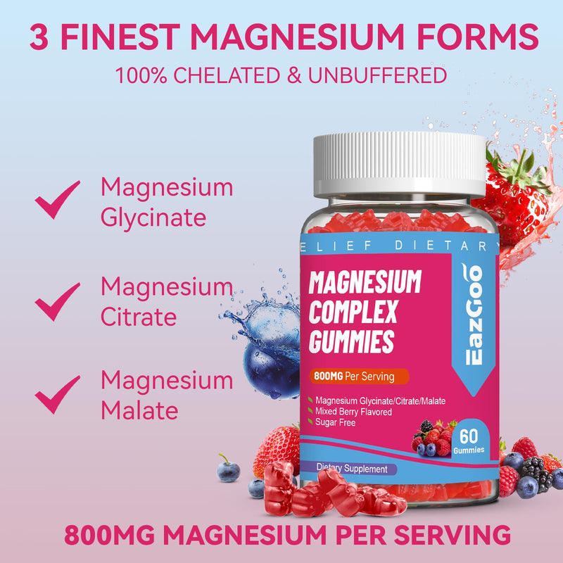 Magnesium Gummies 800mg for Women Men with Vitamin D3, C, B6, B12 & Zinc | 3 Forms of Magnesium (Citrate, Glycinate, Malate), Magnesium Complex Gummies for Muscle, Mood & Energy, Vegan 60 Counts 60 Count (Pack of 1)
