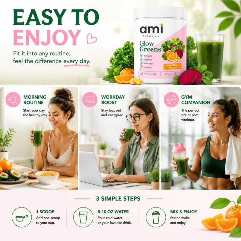 ami fitness Glow Greens, Collagen Greens Drink Mix with Probiotics, Digestive Enzymes, Vitamins and Superfood Greens, Mandarin Orange Flavor, 240 g, 30 Servings 1 Count (Pack of 1)