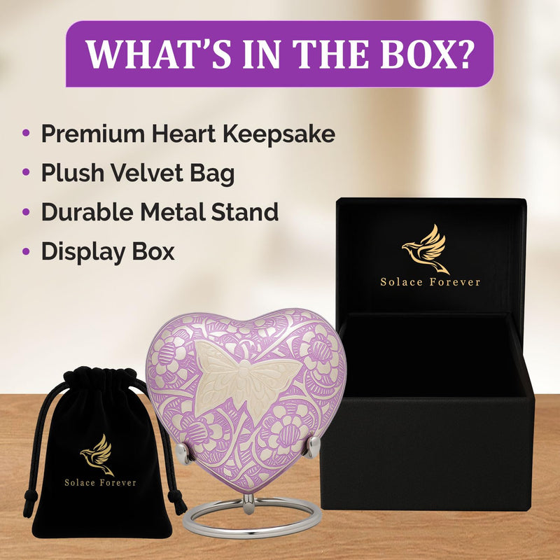 [Australia] - Small Urn for Ashes for Women/Men ‚Äì Butterfly Heart Urns ‚Äì Keepsake Urn for Baby Girl/Boy Ashes with Stand, Velvet Bag & Box ‚Äì A Loving Tribute to Honor Your Little Angel Forever (Purple, Small) Purple 