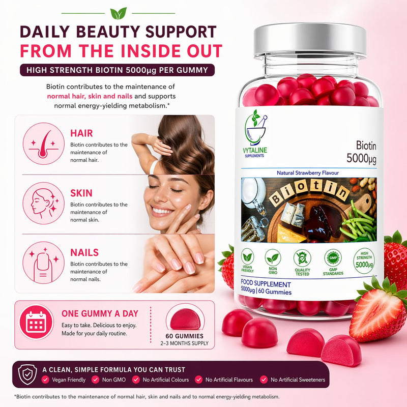 Biotin 5000mcg Hair, Skin and Nail Growth Support Gummy Supplement - 60 Natural Strawberry Flavour Chewable Gummies - 2-3 Months Supply – Vegan Friendly – for Men and Women