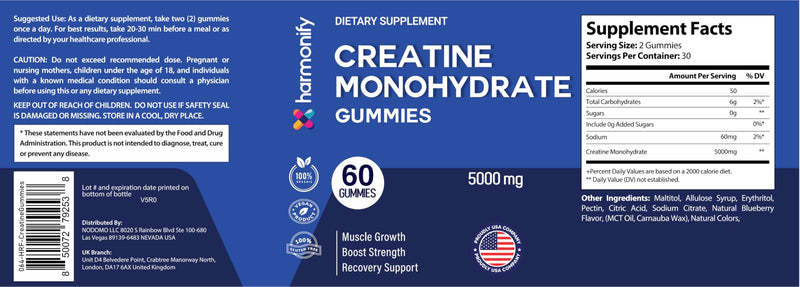 Creatine Monohydrate Gummies 5000mg – High Strength Creatine Gummies for Men & Women – 60 Vegan Gummies – Sugar Free Pre Workout & Muscle Recovery Supplement – Gluten Free & Non-GMO