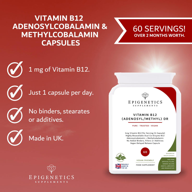 Vitamin B12 Adenosylcobalamin & Methylcobalamin DR | B12 Supplement 1000mcg (1mg) | 60 Vegan Friendly Capsules UK Made | 1 Capsule Daily (2 Month Supply)