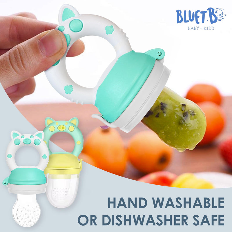 [Australia] - Bluet B- Baby Fruit Feeder Pacifier - BPA-Free Silicone Baby Food Feeder for Self-Feeding - Teething Relief - 4+ Months, 6 Silicone Nipples - 2 Pack Fresh Fruit Pacifier Frozen Teether (Green) Green 