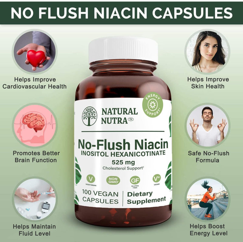 Natural Nutra No Flush Niacin, Vitamin B3 Supplement, Helps Improve Cardiovascular Health, Helps Improve Skin Texture, Promotes Better Brain Function, Helps Boost Energy Level 525 mg, 100 Capsules