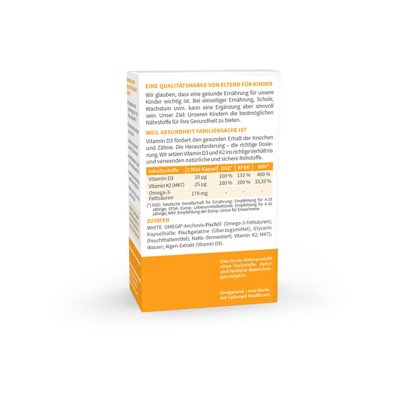 [Australia] - Vitamin D3+K2 for children - sugar-free - 800 IU vitamin D3 - with 25 µg vitamin K2 and 194 mg omega-3 - 45 mini capsules (1.5 months) 