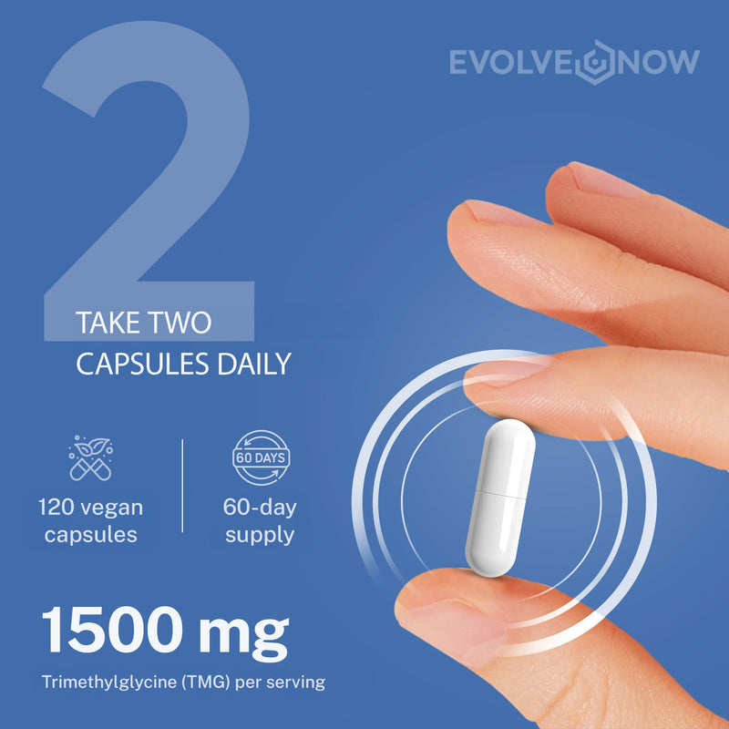 Evolve Now TMG Betaine – Trimethylglycine – 120 Vegan Capsules – 750 mg per Capsule – High-dose – Lab-Tested & No additives
