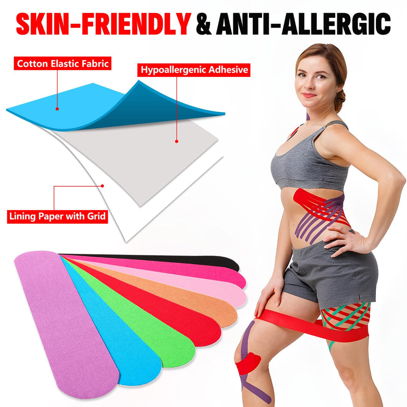 [Australia] - 40PCS Precut Kinesiology Tape Strips, 8 Colors 2 inch x 10 inch Cotton Athletic Tape, Kinetic Tape, Elastic Muscle Tape, Sports Tape, Knee Tape for Exercise and Daily Use 