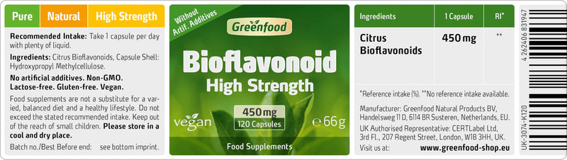 Greenfood Bioflavonoids, 450 mg, high dose, 120 Capsules - from Citrus Fruits. Especially Powerful antioxidant. Without Artificial additives. Without Genetic Engineering. Vegan.