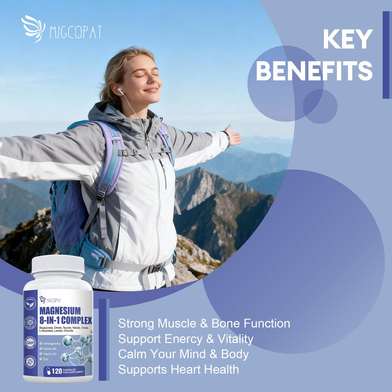 Magnesium Complex 8-in-1, Magnesium Glycinate Supplements with Bisglycinate, Citrate, Taurate 1000mg, Added Zinc B6 D3 for Energy, Muscle, Sleep & Nerve Function - High Absorption 120 Vegan Capsules