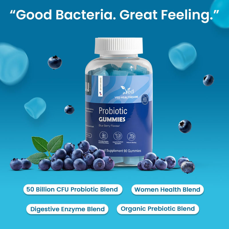 Vegan Probiotic Gummies with Prebiotics, Blueberry Flavour, 2 Gummies Daily (90 Count), 45 Days Supply, Non-GMO, Gluten Free, Vegetarian & Gut Health Supplement