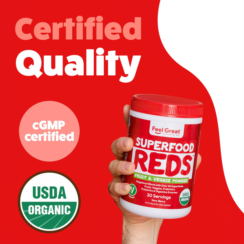 Feel Great Organic Superfood Reds Powder Packed with Beet Root Powder | Digestive Support Including Bloating Relief | Fruit and Veggie Polyphenols Supplement. Superfood Very Berry Reds Powder