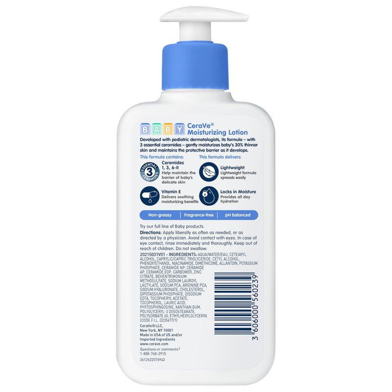 CeraVe Baby Lotion, Baby Skin Moisturizer with Vitamin E & Niacinamide, 8oz | Gently Hydrates Delicate Skin with A Non-Greasy Feel, Free Of Fragrance, Dyes, Paraben & Phthalates 8 Fl Oz (Pack of 1)