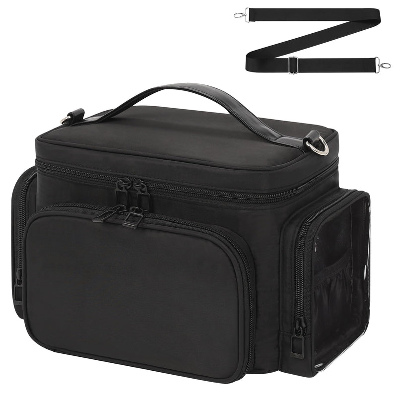 Bagmoly Makeup Bag, Portable Large Travel Makeup Bag Organizer for Women Girls with Makeup Brush Compartment, Cosmetic Travel Bag Vertical Storage Toiletry Bag - Black with Shoulder Strap 03-Black with Shoulder Strap