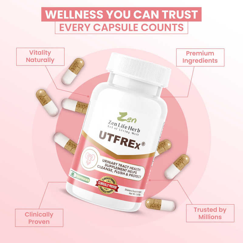 UTFREx – Fast Acting - Promotes Urinary Tract Health Supports Healthy Immune and Urinary System, No Vitamins, Minerals, Prebiotics, Sugar, Plant-Based Supplement (60 Capsules)