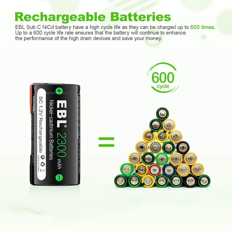 EBL 2300mAh Sub C NiCd Rechargeable Batteries for Power Tools 1.2V Flat Top Sub-C Cell Batteries with Tabs, 4 Packs