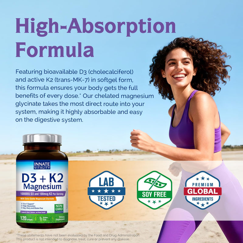 Innate Vitality D3 + K2 Magnesium, Vitamin D3 & K2 (Trans-MK-7), Chelated Magnesium Glycinate, High Absorption, Heart, Nerve, and Immune Health, 120 Softgels