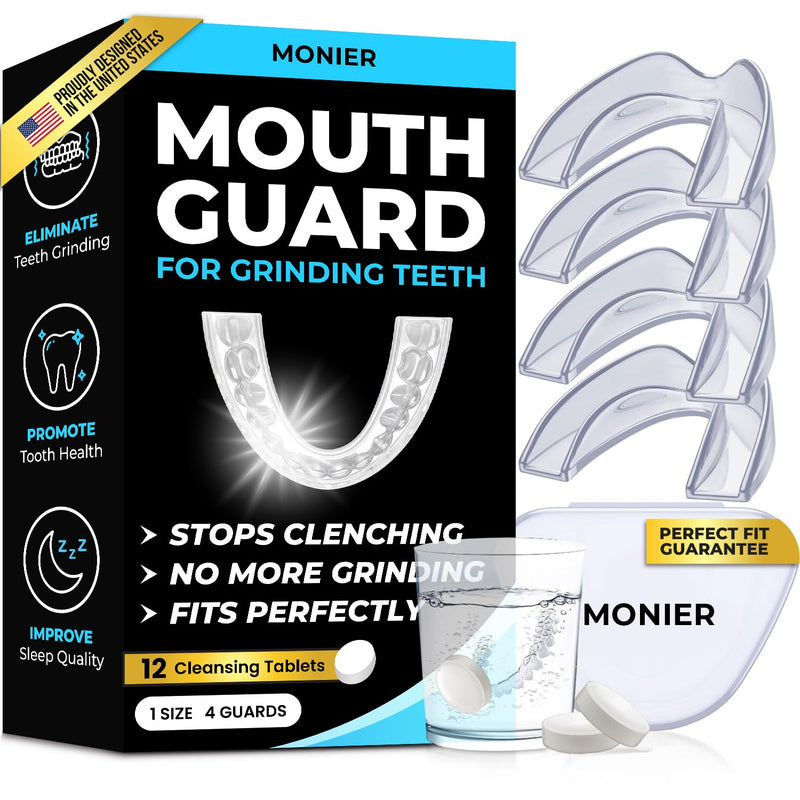 [Australia] - Mouth Guard for Grinding Teeth at Night | Dental Night Guard for Clenching & Better Sleep | 4 Moldable Mouthguards with 12 Cleansing Tablets 