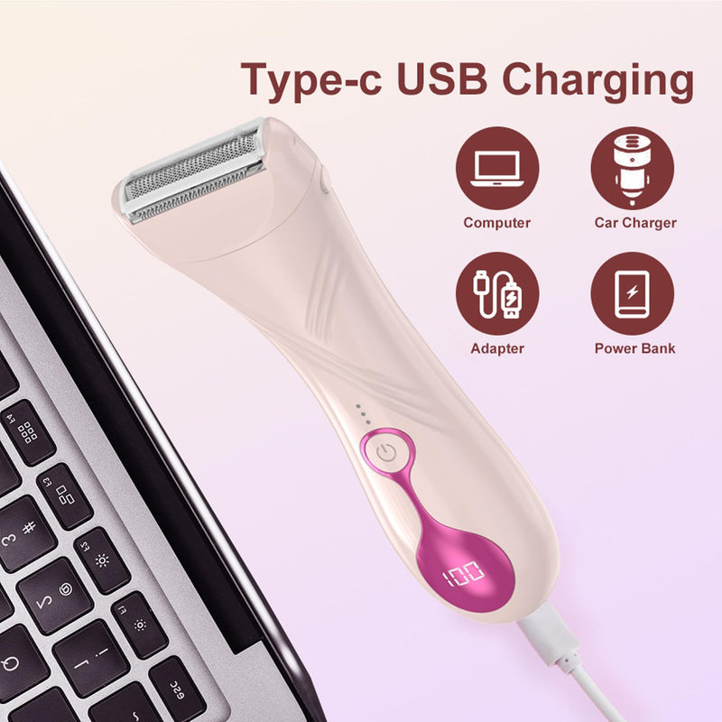 [Australia] - Electric Shaver for Women, Electric Razor for Womens, Bikini Trimmer with LCD Display, Rechargeable Body Hair Trimmer for Bikini Underarm Leg Arm Pubic, Pink 