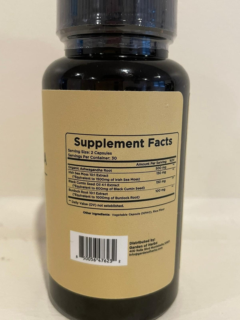 [Australia] - Organic Ashwagandha Root & Irish Sea Moss – 3,600 mg Ashwagandha Supplement with Black Seed Oil, & Burdock Root – Herbal Supplement for Energy, Worry, & Wellness, 60 Caps 60 Count (Pack of 1) 