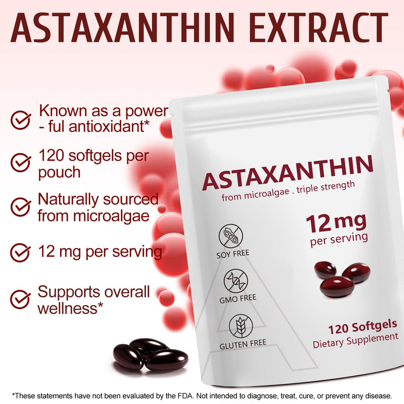 Astaxanthin 12mg 120 Capsules (4 Months Supply) | Triple Strength Antioxidant from Haematococcus Pluvialis, Supports Eye Skin Joint Heart Health | Non-GMO & Gluten Free