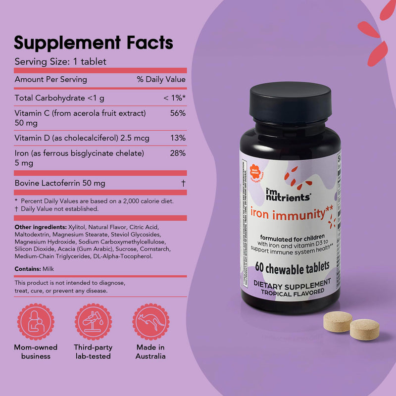 I’m Nutrients Iron Immunity | Iron Supplement for Kids | Kids Vitamin with Iron | Immune Support | Vitamin C and D3 | Naturally Flavored | No Artificial Ingredients | 60 Chewable Tablets | Iron Support, Immune Health Support, Chewable Tablets, No Artif...