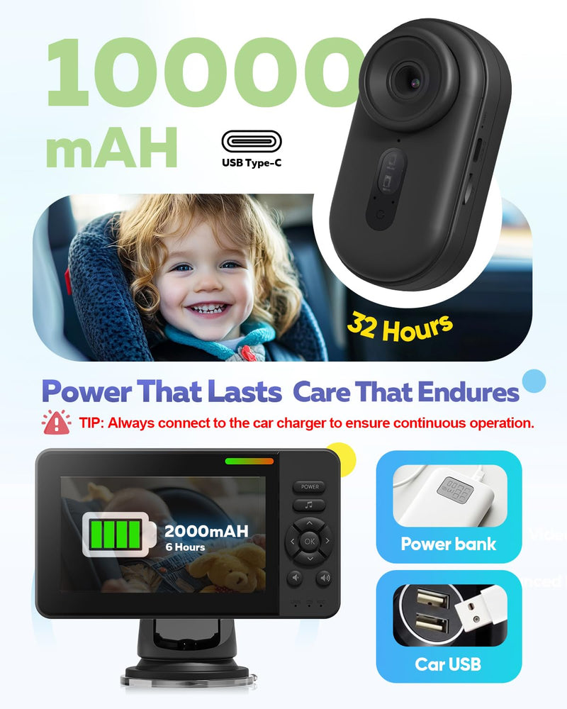 [Australia] - Wireless Baby Car Camera with 1080P Advanced Night Vision and 32H Battery, No Wi-Fi Needed Easy Setup Car Baby Monitor with Video Recording Adjustable Angle, Newborns Travel Essentials Gifts 