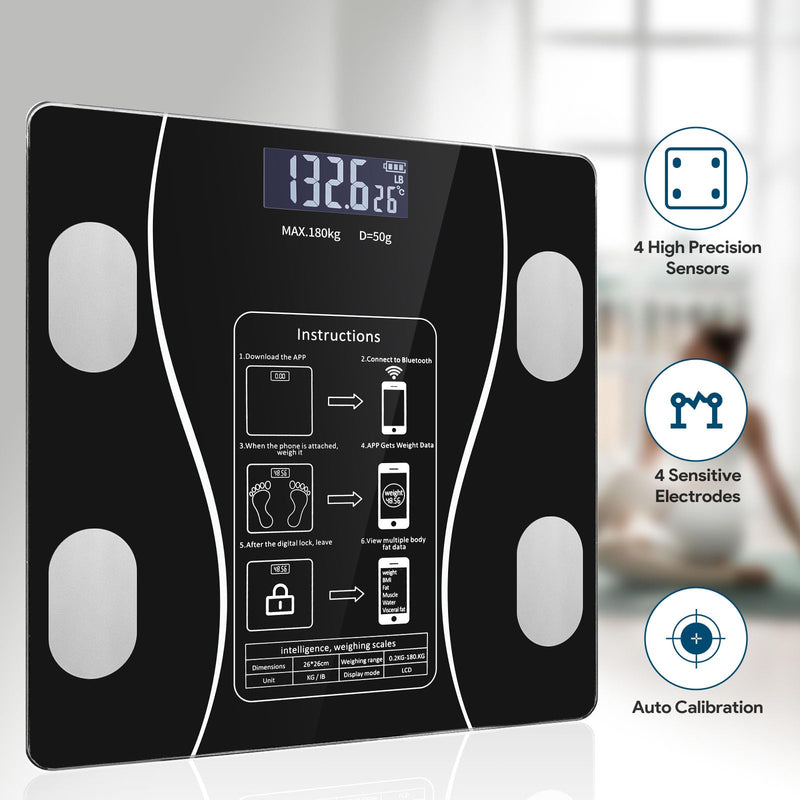[Australia] - Stylish LED Display Body Fat Scale, Weight Scale, Bluetooth Smart Scale with Health app Integration, Body Fat and Health Monitor with app sync, Suitable for Bathroom (Black) Black 