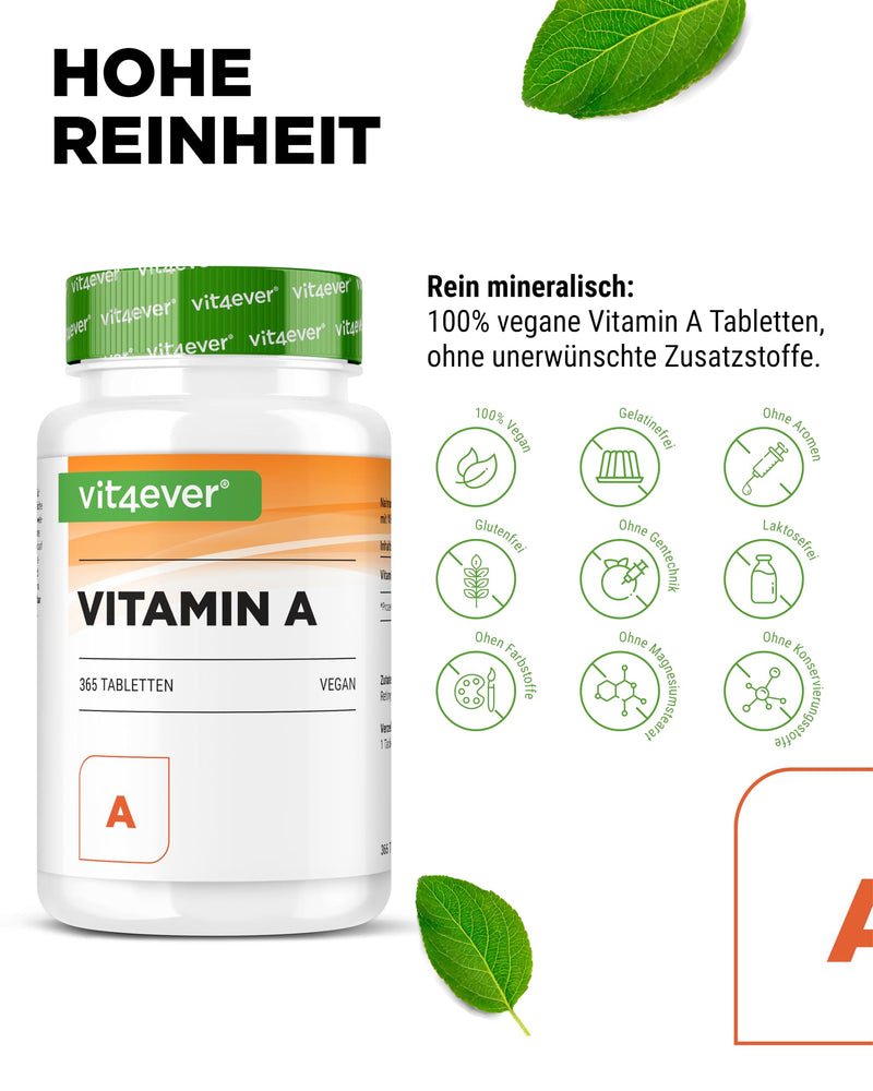 [Australia] - Vitamin A - 10,000 IU (3000 µg) - 365 tablets - Alternative to capsules - High-dose retinyl acetate - Without unwanted additives - Eyes, skin, immune system - Vegan 