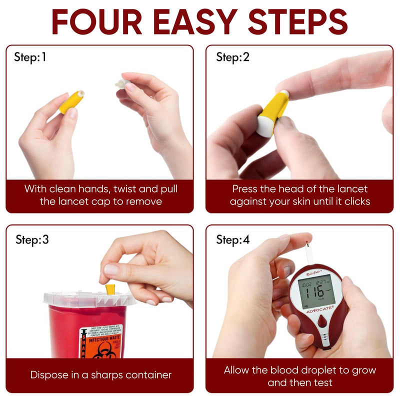 Pressure Activated Safety Lancets, 26G 1.8mm Box of 100, Advocate Single Use Glucose Testing Lancing Device with Automatic Retractable Needle for Blood Sugar Sampling 26g Yellow 26G x 1.8mm, Box of 100