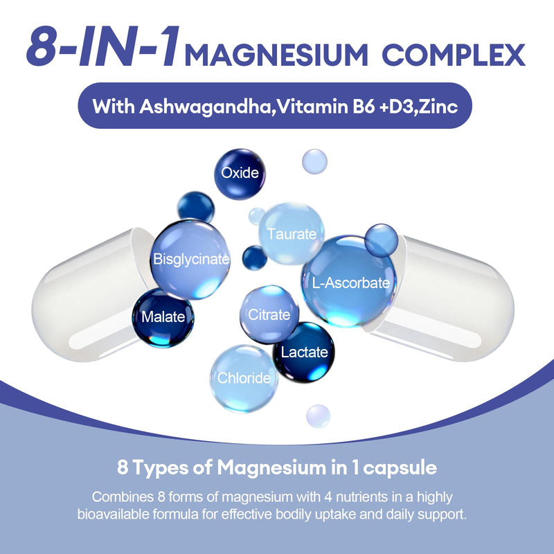 Magnesium Complex 8-in-1, Magnesium Glycinate Supplements with Bisglycinate, Citrate, Taurate 1000mg, Added Zinc B6 D3 for Energy, Muscle, Sleep & Nerve Function - High Absorption 120 Vegan Capsules