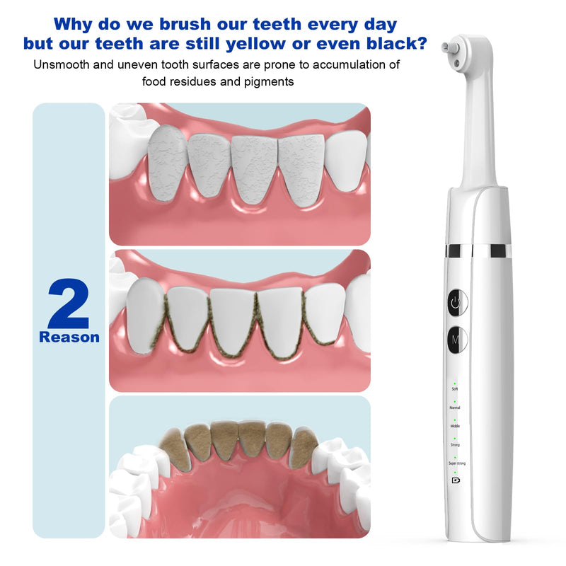Tooth Polisher,Teeth Polishing Kit for Daily Cleaning,Polishing Then Whitening of Tooth (Professional Toothpaste Include),USB Rechargeable Dental Polisher with LED Light,6 Heads,5 Speed Modes White