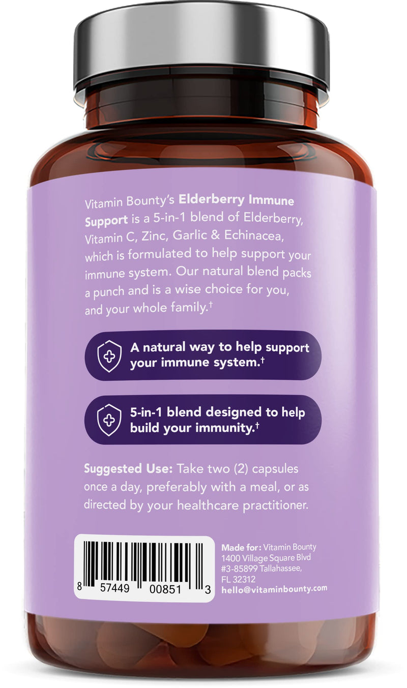 Vitamin Bounty Elderberry Immune Support - with Zinc, Vitamin C & Echinacea, Advanced 5-in-1 Blend, Powerful Antioxidant, Supports Whole Body Balance, Non-GMO - 60 Capsules, 2 Pack 60 Count (Pack of 2)