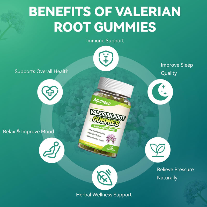 [Australia] - Valerian Root Gummies 2000mg, Valerian Root Extract for Relaxation & Mood Support, Herbal Supplement for Kids & Adults, Vegan, Apple Flavor, 60 Count 60 Count (Pack of 1) 