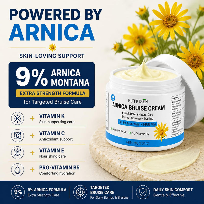 9% Extra Strength Arnica Bruise Cream for Pain & Swelling, 4.23 oz | Higher active concentration than familiar 7% formulas, plus Vitamins K, C, E & B5 in a fast-absorbing, non-greasy base