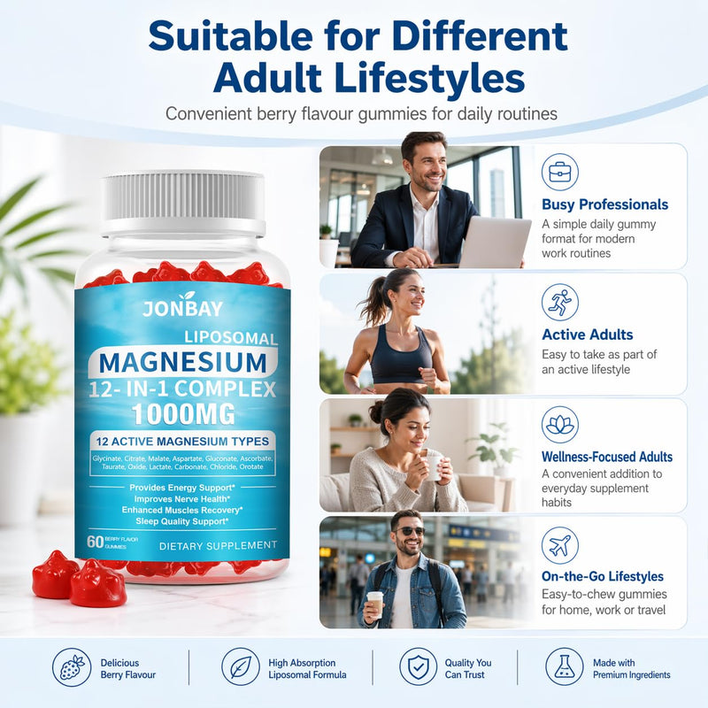 2 Pack 21-in-1 Liposomal 12 Active Magnesium Complex 1000mg Gummies - with Magnesium Glycinate,Citrate,Malte & Vitamin C - Magnesium Supplements for Supports Bone,Muscle,Relaxation & Sleep 60 count (Pack of 2)