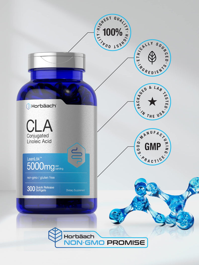 Horbäach CLA Supplement | 300 Softgel Pills | Maximum Potency | Conjugated Lineolic Acid from Safflower Oil | Non-GMO, Gluten Free