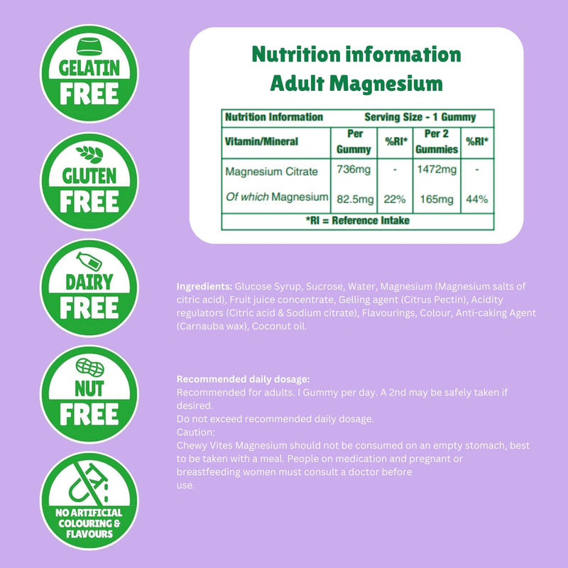Chewy Vites Adult Gummies Magnesium Citrate 736mg Offering 82.5mg of Elemental Magnesium, 60 Vitamin Gummies, 2 Months Supply, Real Fruit Juice, Vegan, Berries Flavour