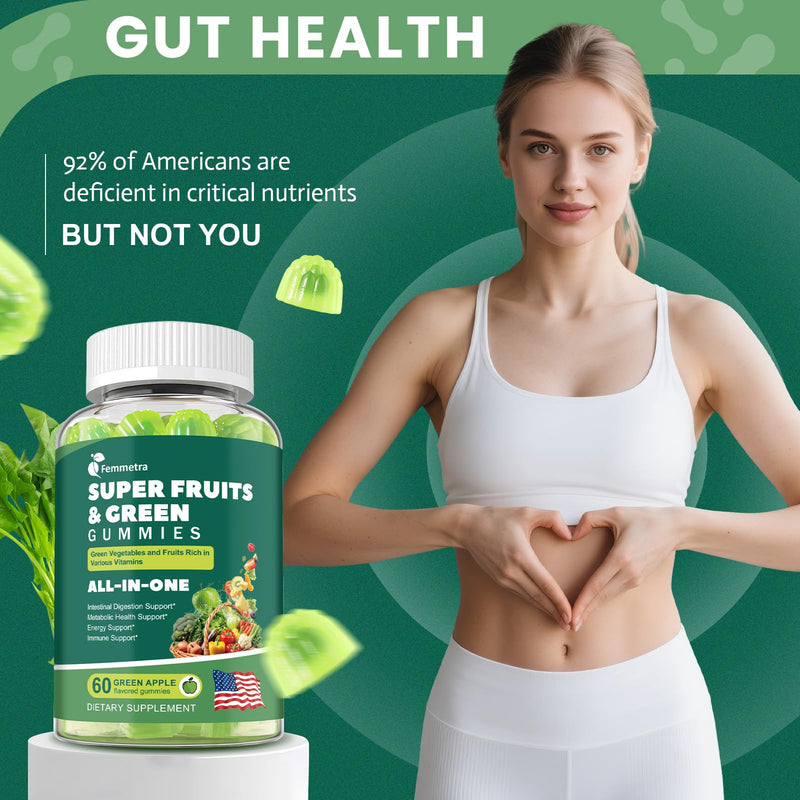 [Australia] - 61-in-1 Supergreens Daily Gummies for Women and Men, Multivitamin Superfood Gummy with Probiotics for Metabolic, Energy, and Digestive Health, Sugar Free, Green Apple Flavor, 60 Count 