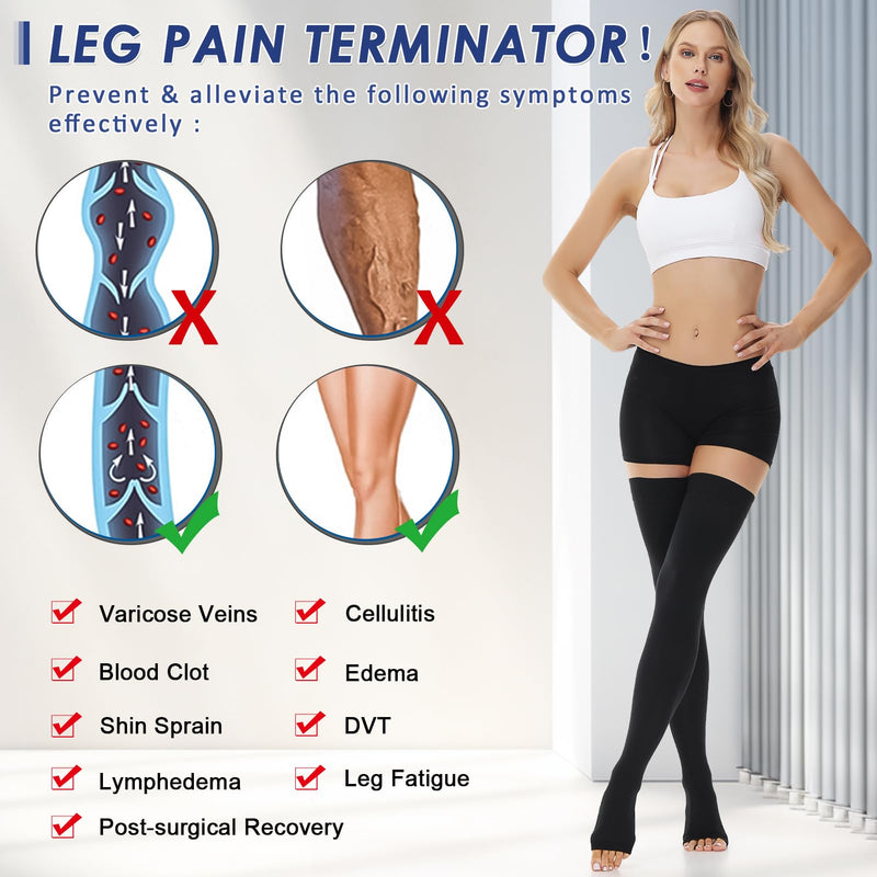 [Australia] - beister 15-20 mmHg Medical Compression Stockings for Men and Women, Open Toe Long Compression Socks with Silicone Band, Class 1 Thigh Support Stockings for Varicose Veins, Edema, DVT, Flight Black XXL 