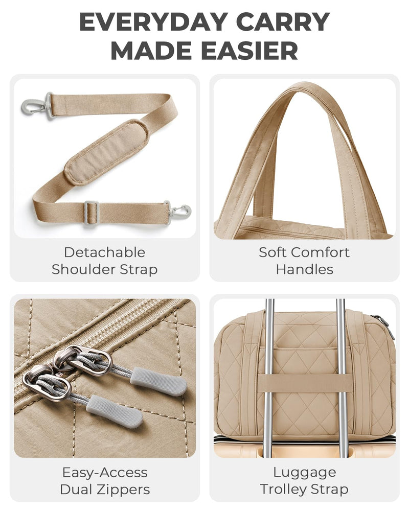 Percover Weekender Bag for Women, Ultra Lightweight Travel Duffle, Carry On Personal Item Overnight Bag with Toiletry Pouch & Compartments, Quilted Gym & Travel Bag, Camel Tan
