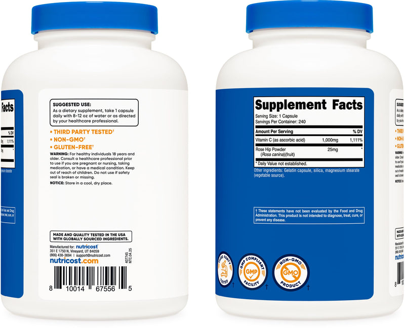 Nutricost Vitamin C with Rose Hips 1025mg, 240 Capsules - Vitamin C 1,000mg, Rose Hips 25mg, Premium, Non-GMO, Gluten Free Supplement