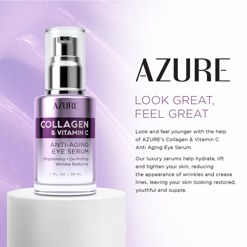 Azure Cosmetics Collagen & Vitamin C Anti Aging Eye Serum - Toning, De-Puffing Serum - Reduces Wrinkles, Fine Lines & Dark Circles - Minimizes Fatigue - Skin Care Made in Korea - 30mL / 1 fl.oz. Vitamin C & Collagen
