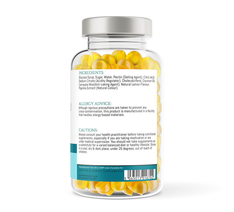 Vitamin D3 1000iu / 25μg Gummy - Adults & Children 12+ Years - 60 x High Strength Lemon Flavour Gummies - 2 Months Supply - Vitamin D Supplement Teeth, Bone, Muscles & Immune System Support