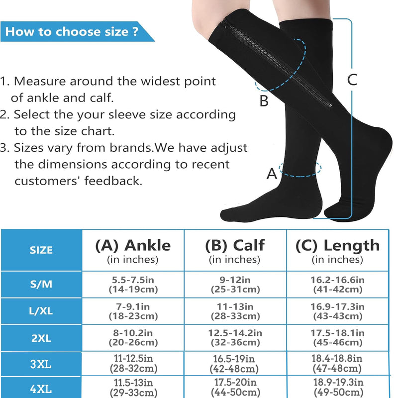 Zipper Compression Socks, 2 Pairs 15-20 mmHg Closed Toe Compression Stockings for Men Women，Suit for Running,Nurse,Travel,Cycling,Athletic Large-X-Large Black/Beige