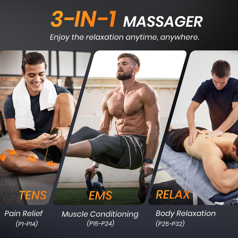 [Australia] - 3-in-1 TENS Unit with 32 Modes, Dual Channel EMS Muscle Stimulator with 40 Intensities for Gradual Pain Relief Therapy, Rechargeable Electronic Pulse Massager with 12 Electrode Pads, EVA Case 
