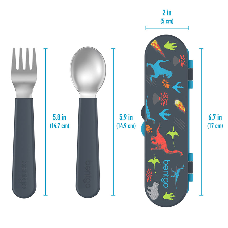 [Australia] - Bentgo Kids Stainless Steel Utensil Set - Reusable Fork, Spoon & Storage Case - High-Grade BPA-Free Stainless Steel, Easy-Grip Handles, Dishwasher Safe for School Lunch, Travel & Outdoors (Dinosaur) Dino 