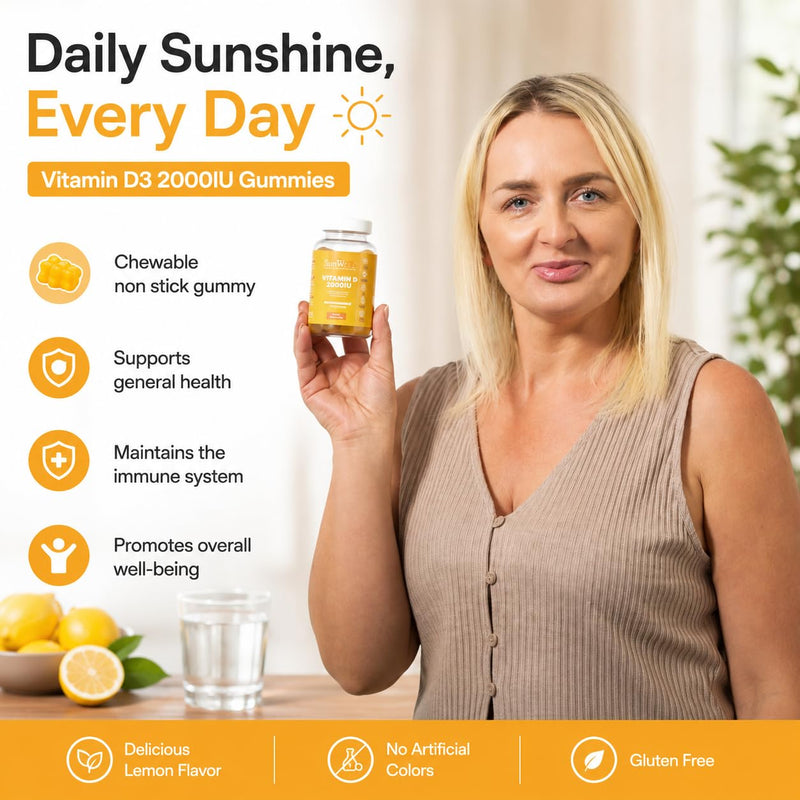 Sunvit-D3 Lemon Vitamin D3 Gummies 2000IU - Vitamin d for Adults & Menopausal Women | Alleviating Back & Muscle Discomfort | Chewable Vitamin D Gummies Suitable for Ages 11 & Above