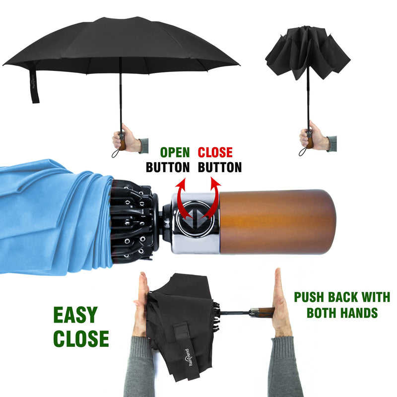 NEW 2 PCS Umbrellas for Rain Black and Light Blue Auto Open and Close Folding Umbrella Windproof Sturdy Unbreakable Umbrellas with Wooden Handle for Women Men - Bundle