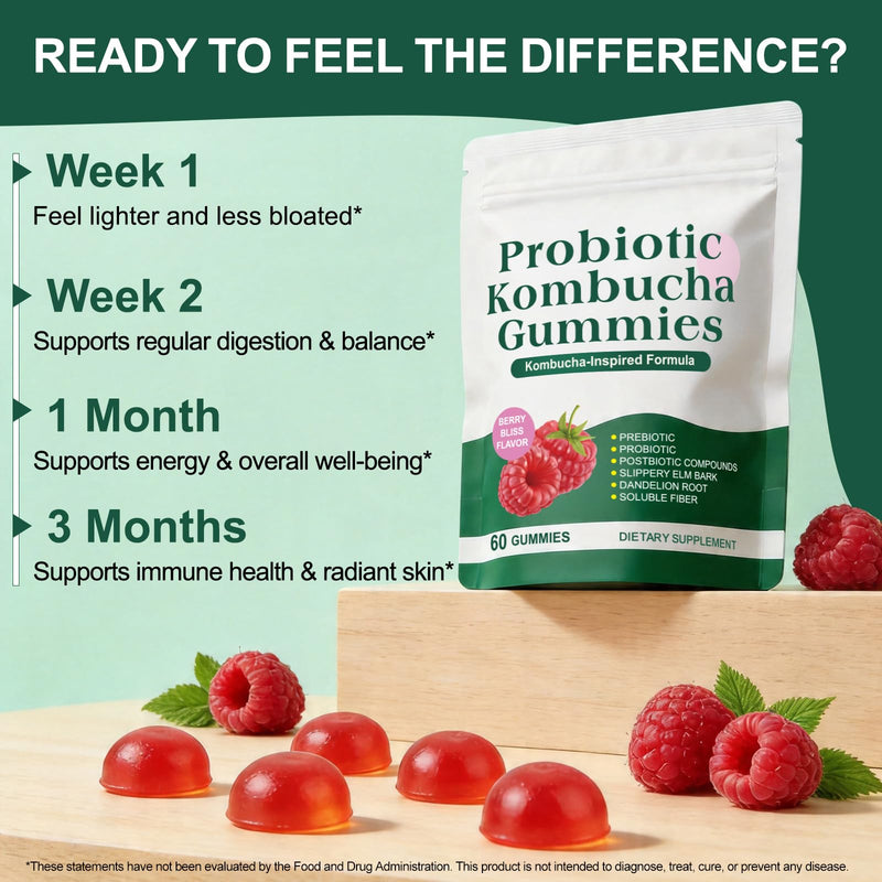 Probiotic Kombucha Gummy with Prebiotics & Postbiotics, 1.6 Billion CFU 丨Elm Bark and Dandelion Root Extracts for Gut Health & Digestive Balance, 60 Gummies Berry Flavor Chewable for Women & Men